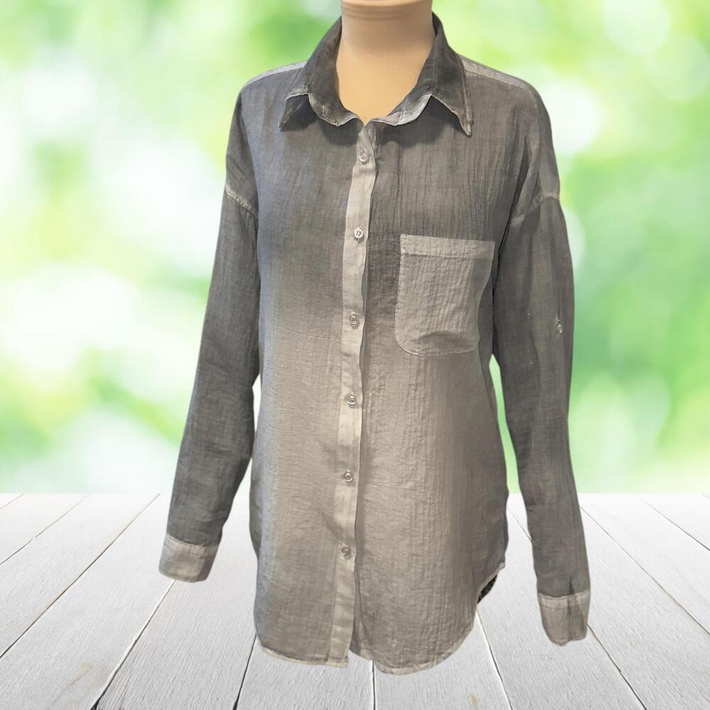 NSF Cotton Gauze Tunic Top Ombre Gray Crinkle Made USA Roll Tab Minimalist Sz M
